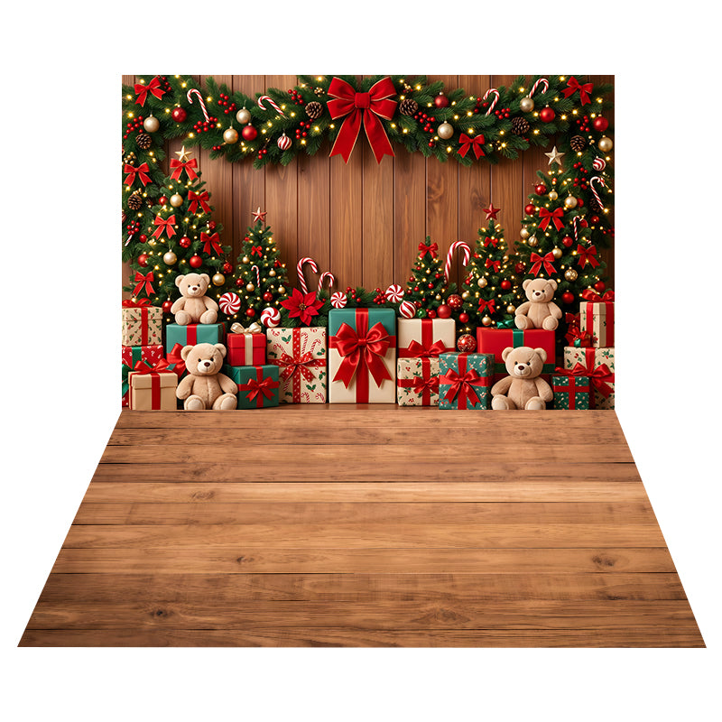 Toile de Fond Ourson avec Cadeaux + Toile de Sol en Planches de Bois Clair CEMCBS65-11