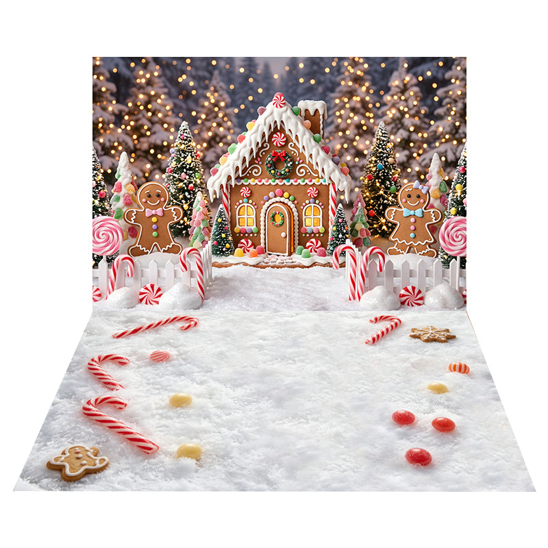 Toile de Fond Maison en Pain d’Épices et Sucres d’Orge + Toile de Sol Neige aux Sucres d’Orge CEMCBS65-12