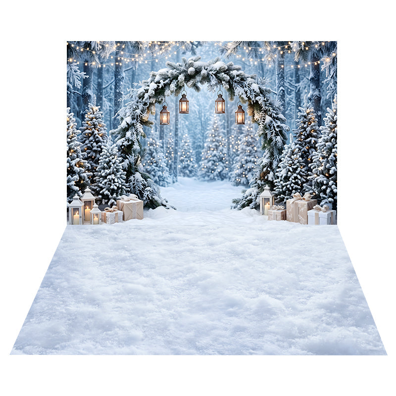 Toile de Fond Arche de Forêt Enneigée avec Lanternes + Toile de Sol Neige Blanche Douce CEMCBS65-23
