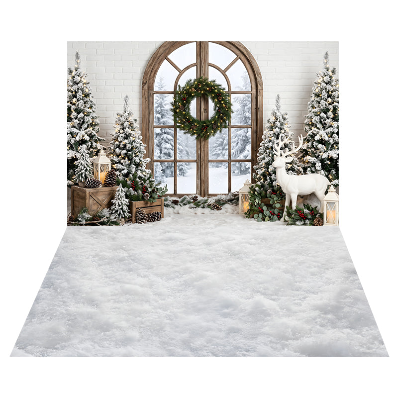 Toile de Fond Fenêtre Cintrée Enneigée + Toile de Sol Surface Blanche Neigeuse CEMCBS65-3