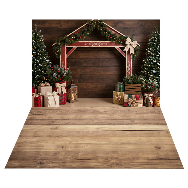 Toile de Fond Stand de Marché de Noël Rustique + Toile de Sol en Planches de Bois Naturel CEMCBS65-30