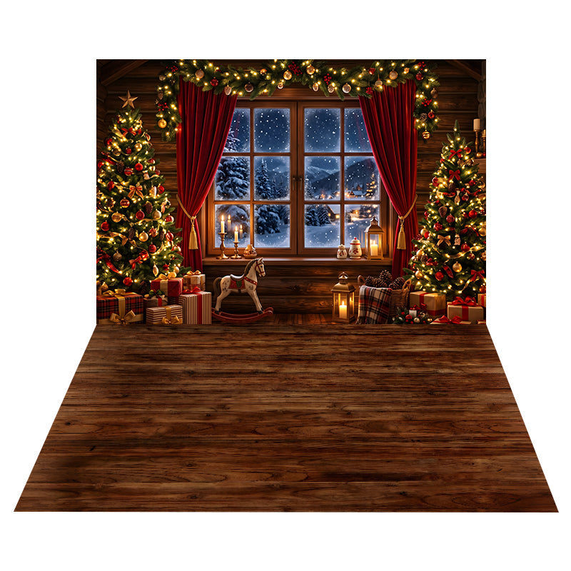 Toile de Fond Fenêtre de Chalet Chaleureux + Toile de Sol en Bois Brun CEMCBS65-4