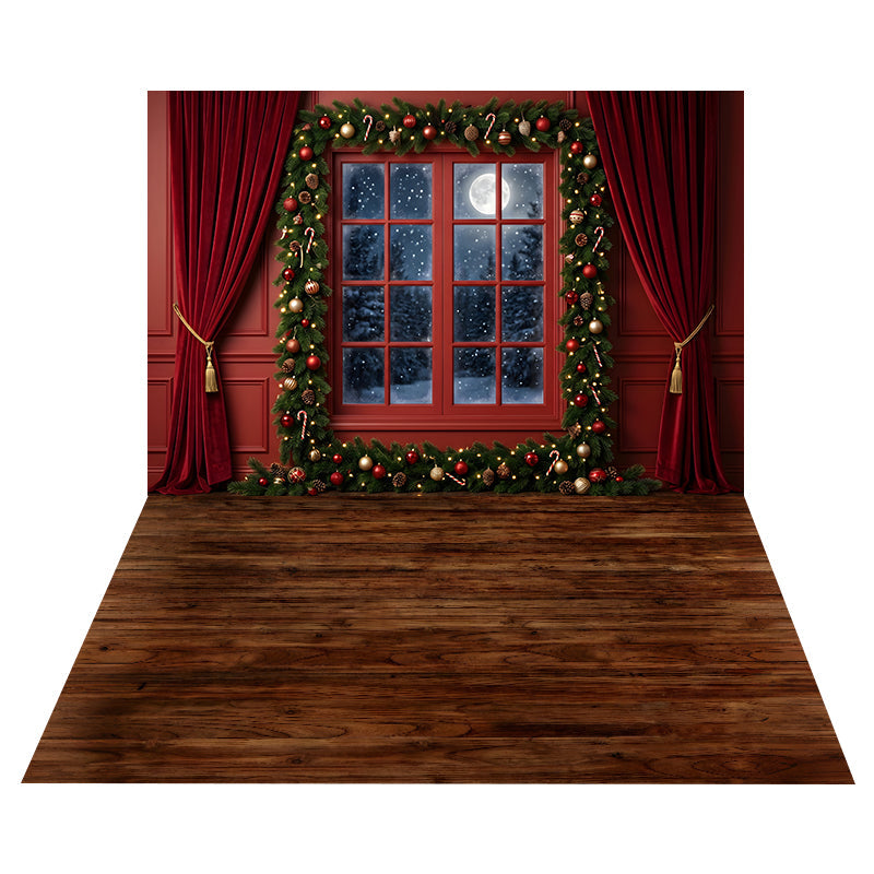 Toile de Fond Fenêtre avec Guirlande Rouge + Toile de Sol en Bois Rustique Foncé CEMCBS65-6