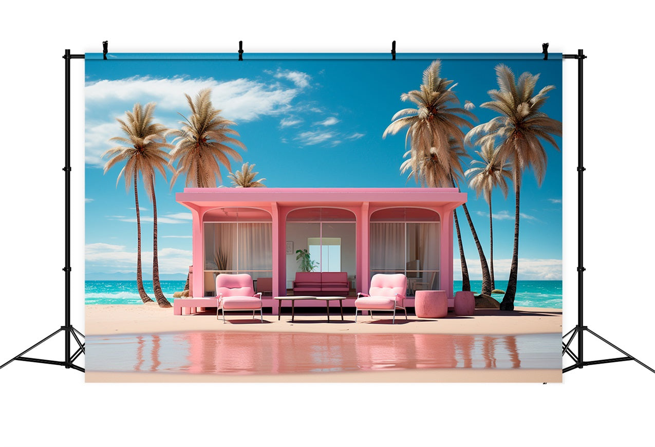 Toile de fond Poupée Mode Plage Palmiers Bungalow Rose CJJ2-100