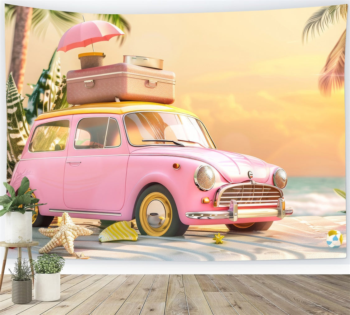 Toile de fond Fille Rose Voiture Rétro Plage Rose CJJ2-102