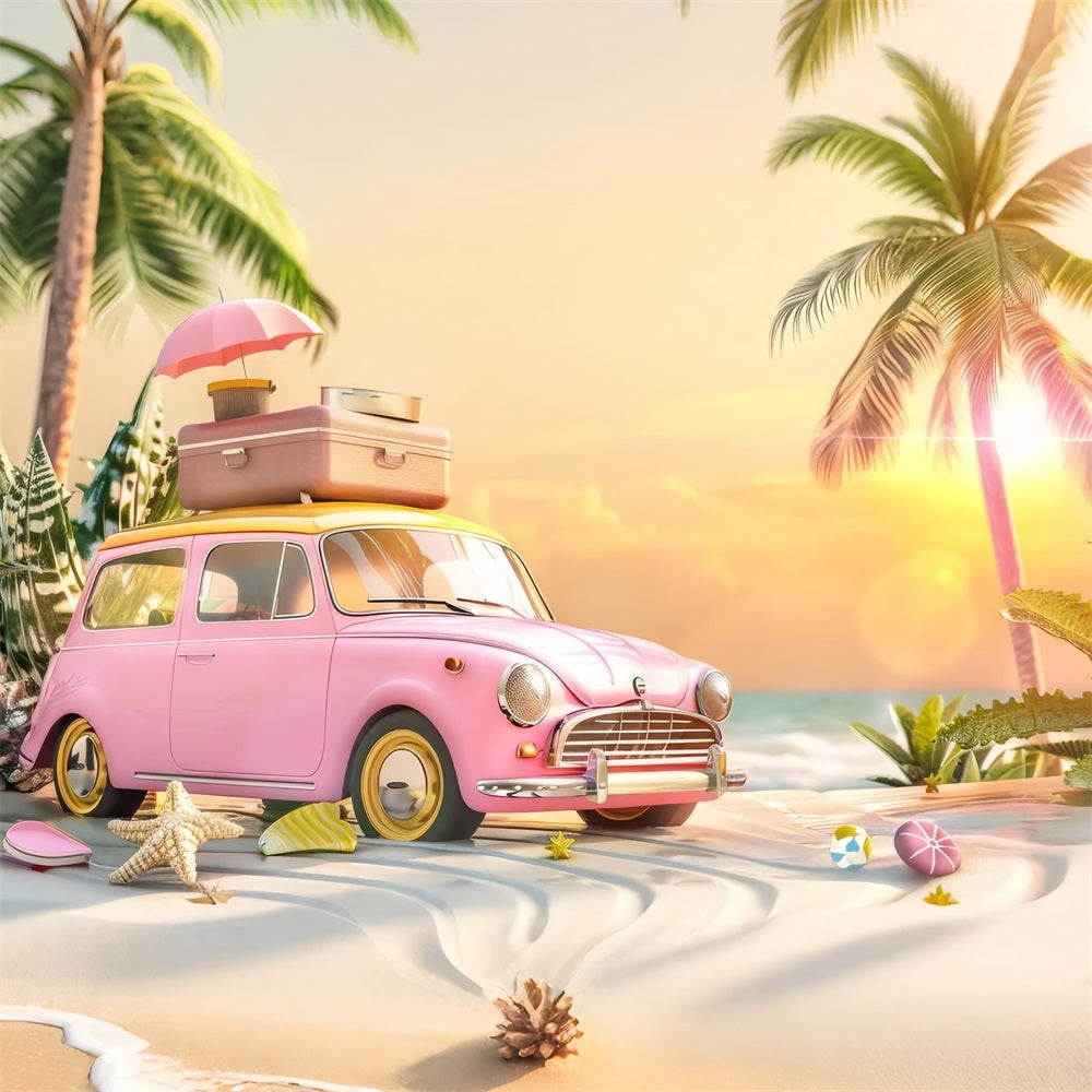 Toile de fond Fille Rose Voiture Rétro Plage Rose CJJ2-102