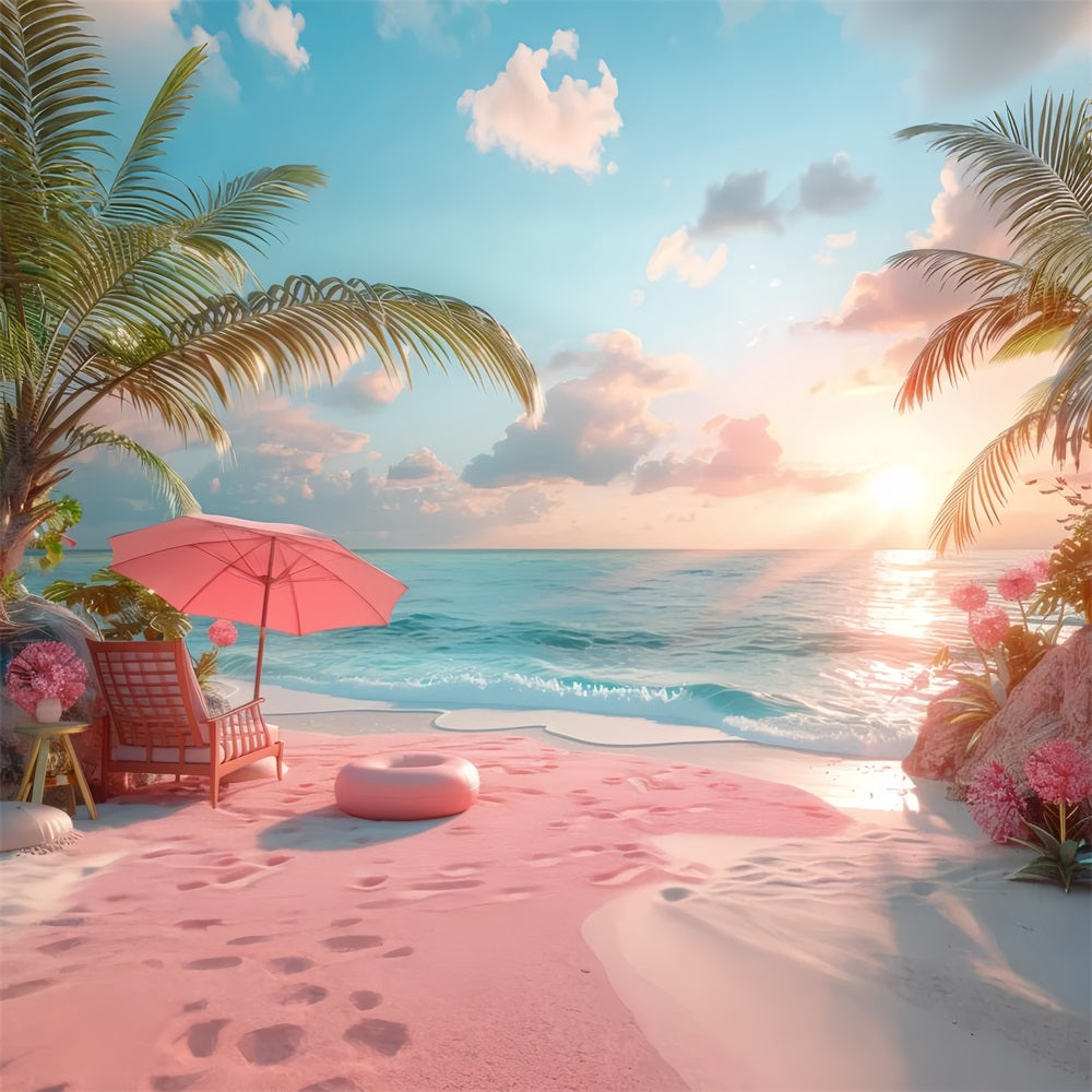 Toile de fond Plage Fille Rose Sable Rose Coucher de Soleil CJJ2-107