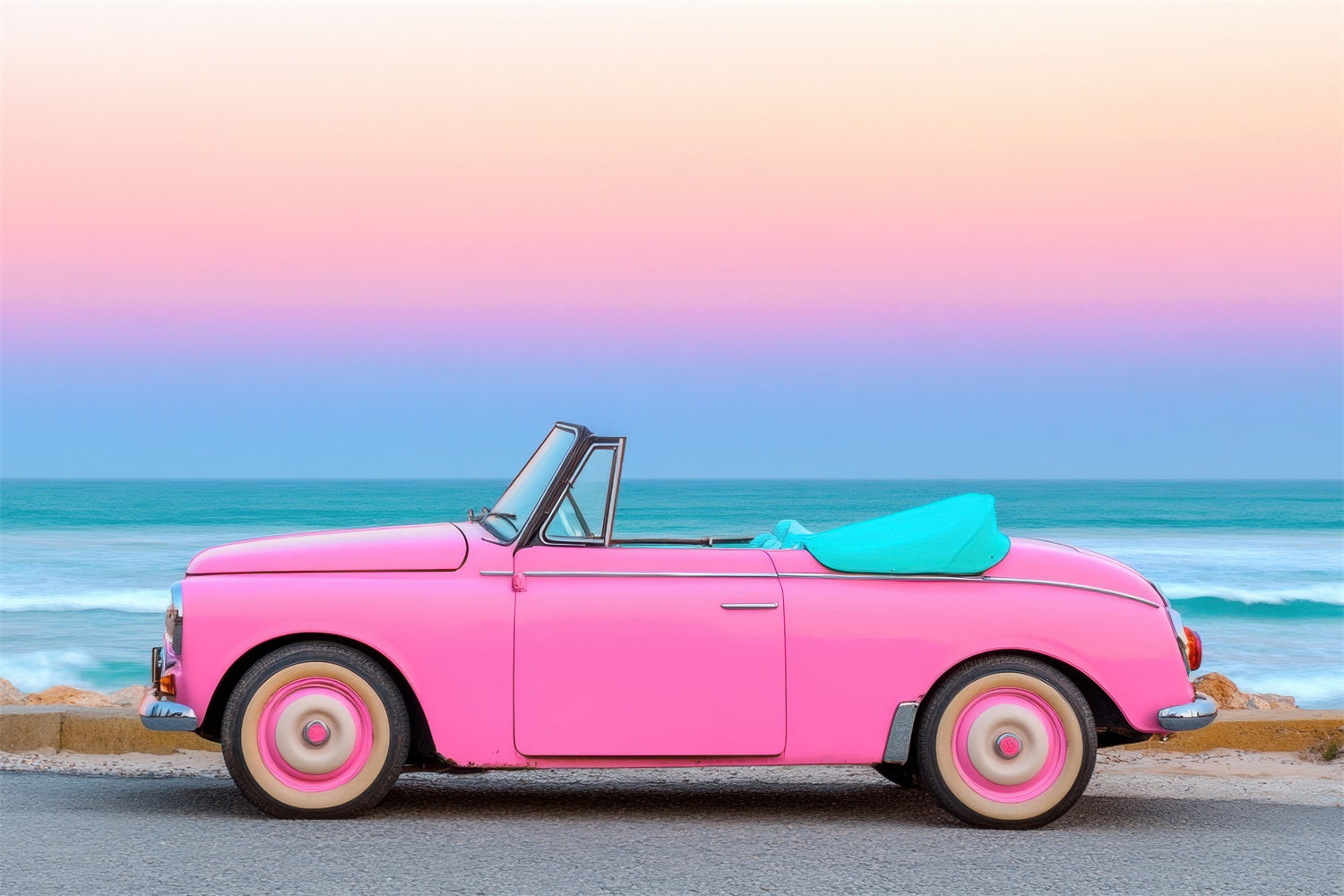 Toiles de fond Fille Rose Voiture Classique Bord de Mer Coucher de Soleil CJJ2-114