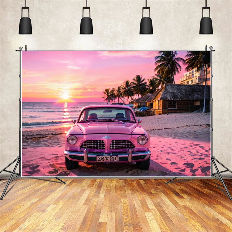 Toile de fond Fille Rose Design Coucher de Soleil Voiture Bord de Mer CJJ2-115