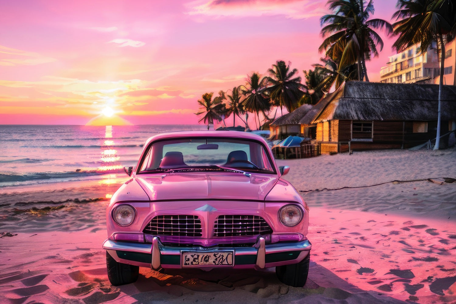 Toile de fond Fille Rose Design Coucher de Soleil Voiture Bord de Mer CJJ2-115