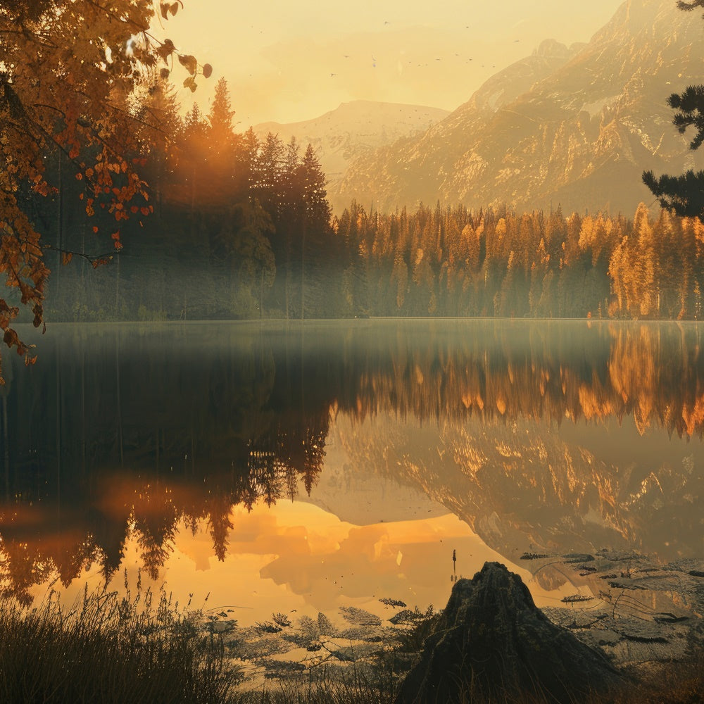 Toile de Fond Automne Forêt Reflet Lac Doré CJJ2-122