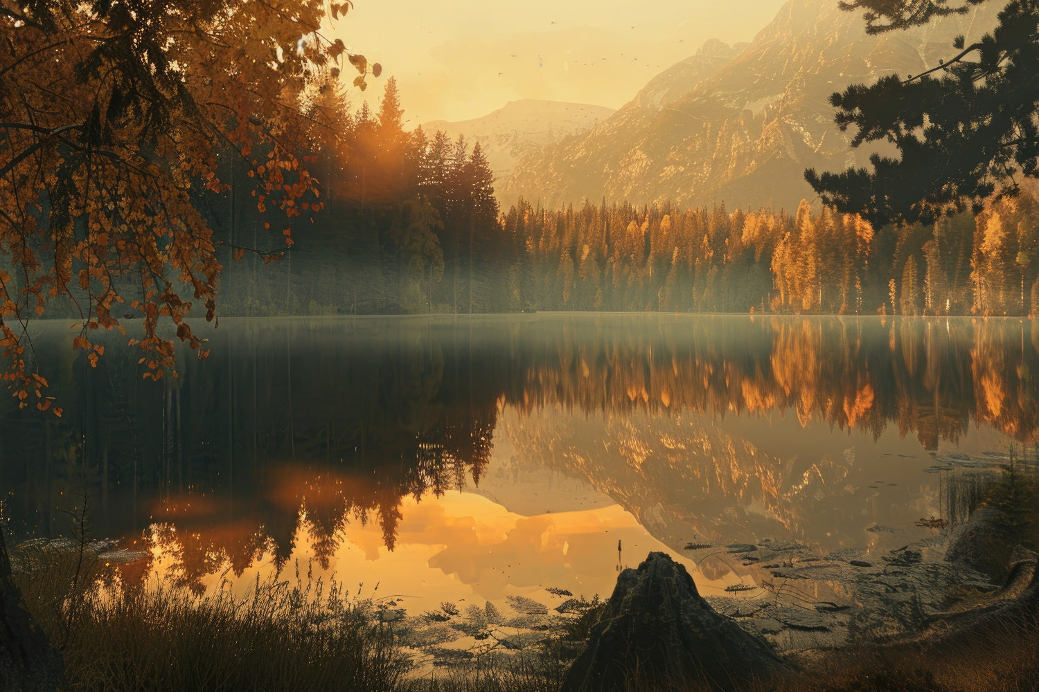 Toile de Fond Automne Forêt Reflet Lac Doré CJJ2-122