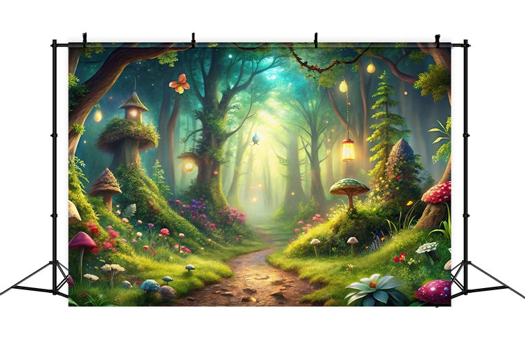 Toile de Fond Fantaisie Forêt Sentier Lanternes Champignons Magiques CJJ2-125