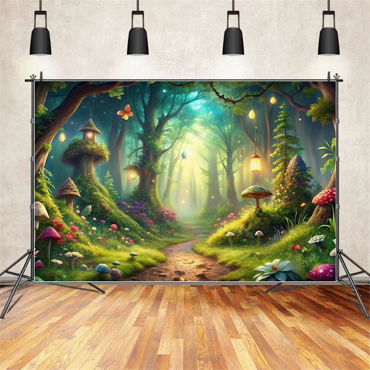 Toile de Fond Fantaisie Forêt Sentier Lanternes Champignons Magiques CJJ2-125