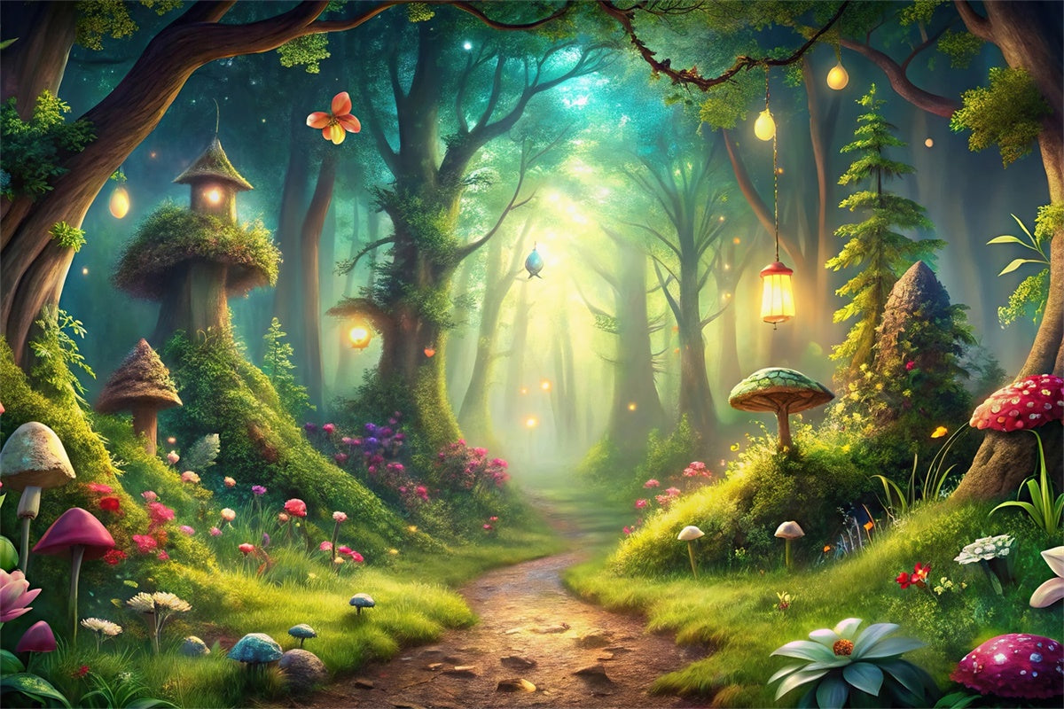 Toile de Fond Fantaisie Forêt Sentier Lanternes Champignons Magiques CJJ2-125