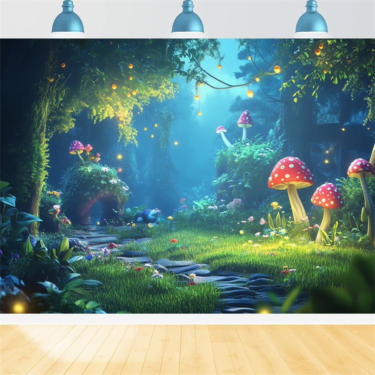 Toile de Fond Fantaisie Forêt Sentier Brillant Champignons Rêveurs CJJ2-126