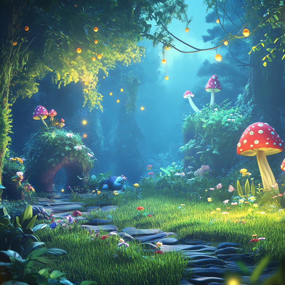 Toile de Fond Fantaisie Forêt Sentier Brillant Champignons Rêveurs CJJ2-126