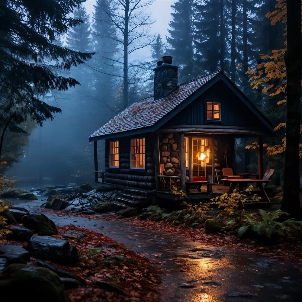 Toile de Fond Automne Forêt Cabane Rustique Pluie d’Automne CJJ2-129