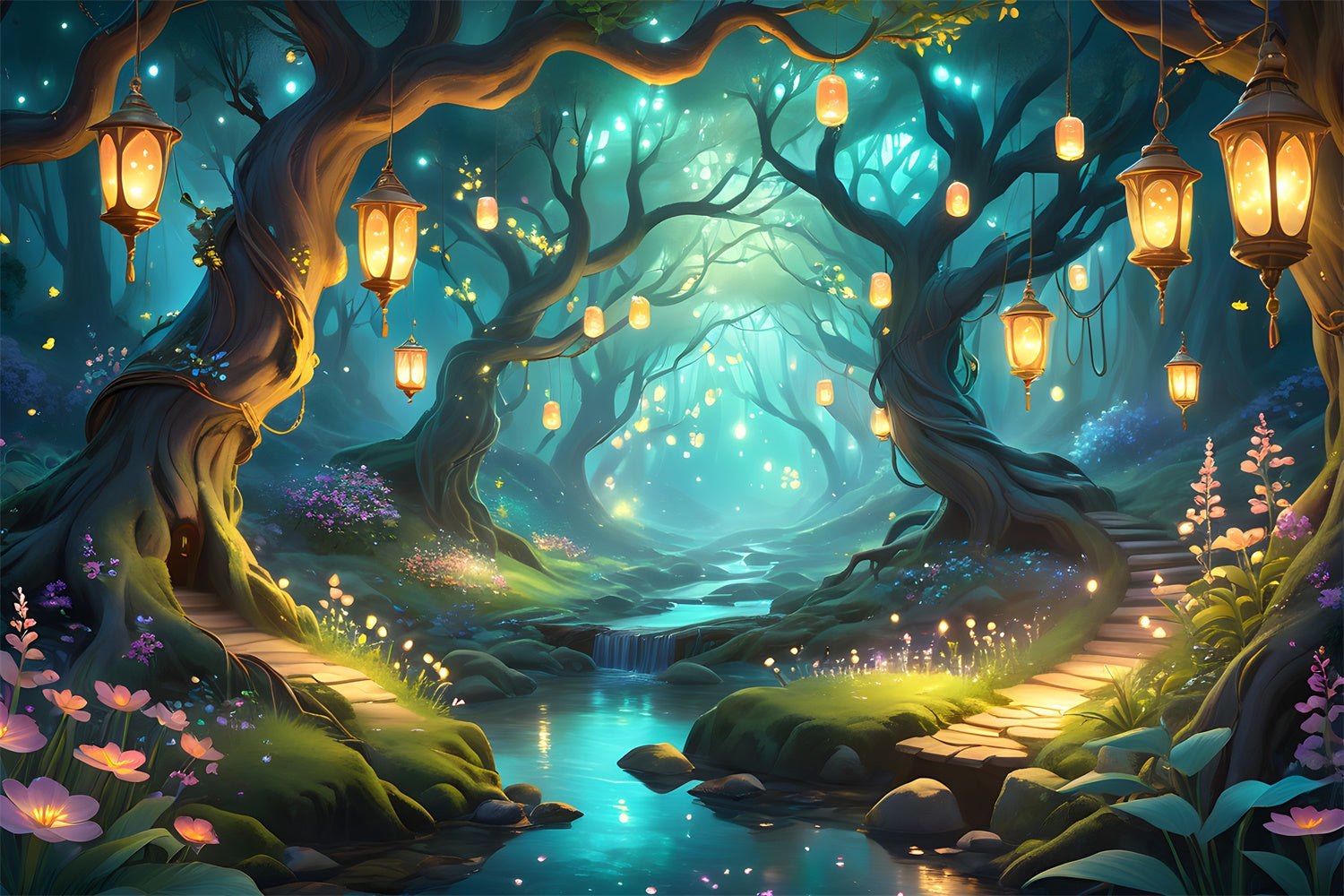 Toile de Fond Fantaisie Forêt Sentier Lanternes Magique CJJ2-133