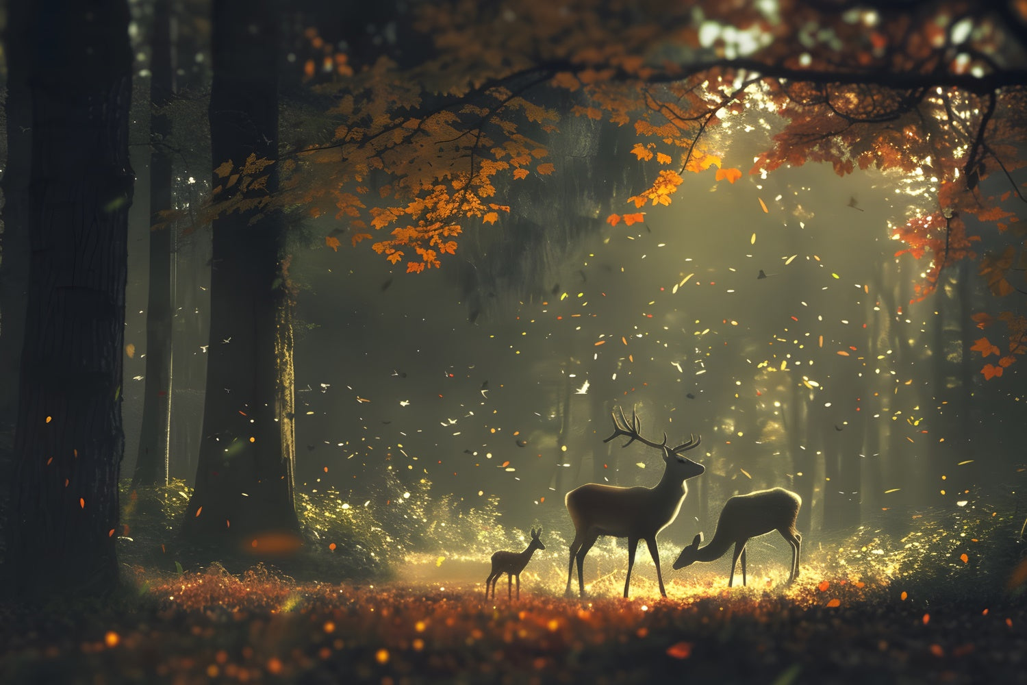 Toile de Fond Automne Forêt Bois Ensoleillé Cerf CJJ2-138