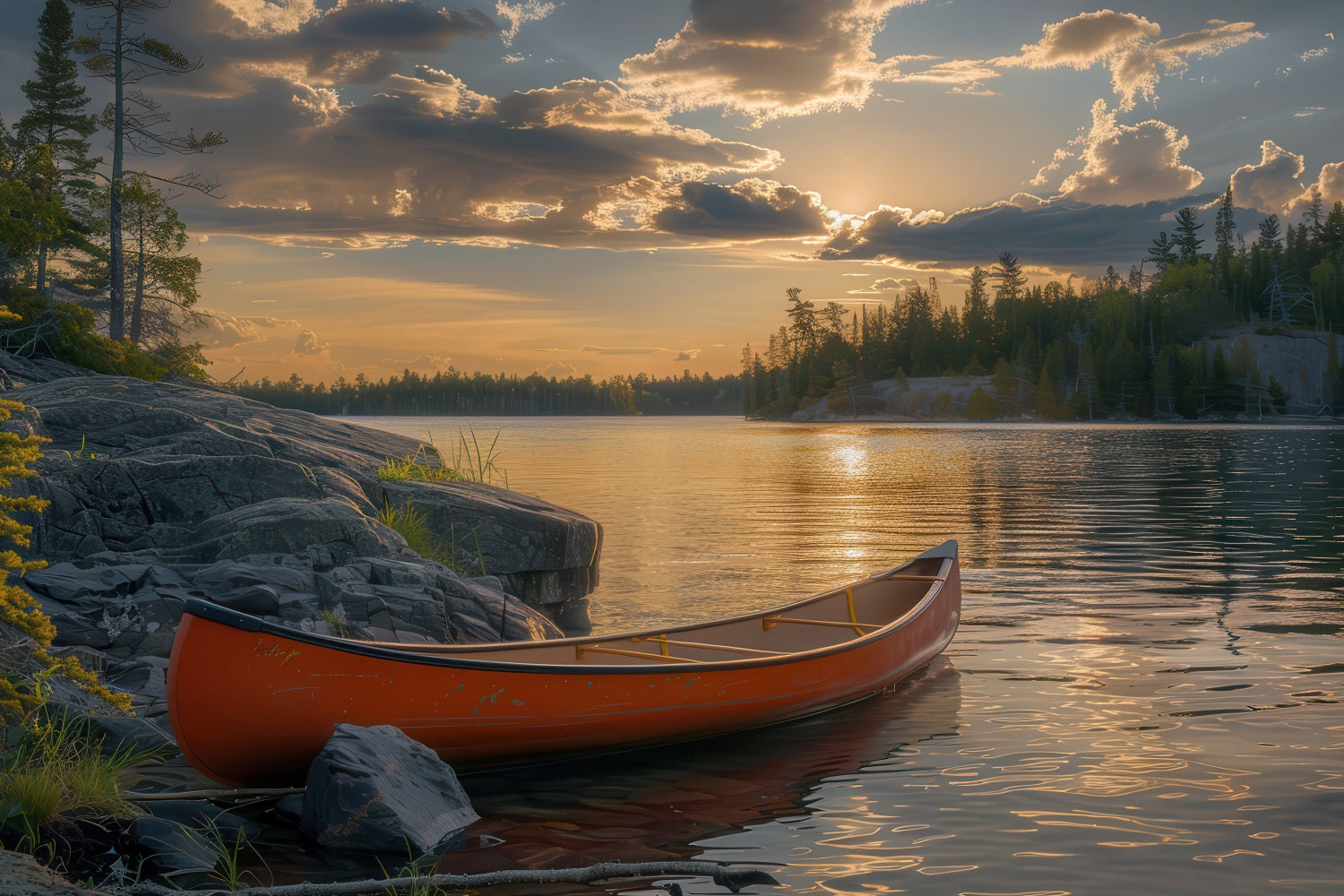 Toile de Fond Photographie Forêt Rivage Canoë Crépuscule Tranquille CJJ2-44
