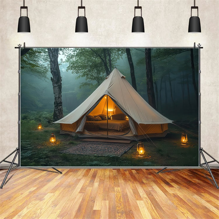 Toile de Fond Photographie Forêt Tente Chaleureuse Lumière Douce CJJ2-49