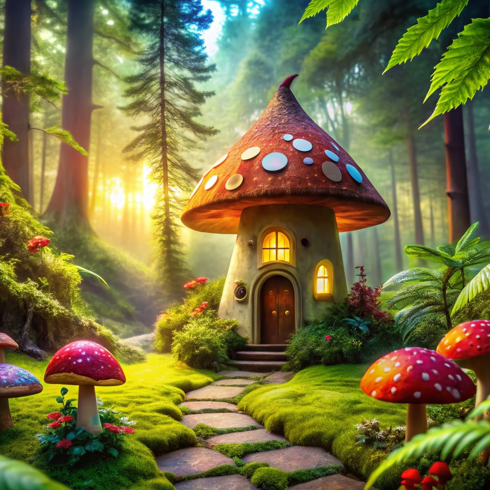 Toile de Fond Conte de Fées Forêt Maison Champignon Fantaisiste CJJ2-51