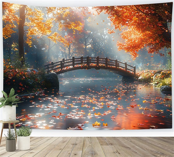 Toile de Fond Automne Forêt Pont Feuilles d’Érable Tranquille CJJ2-52