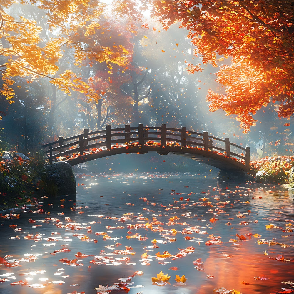 Toile de Fond Automne Forêt Pont Feuilles d’Érable Tranquille CJJ2-52