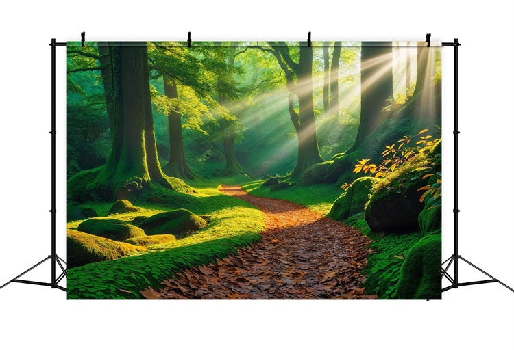 Toile de Fond Photographie Forêt Rayon de Soleil Doré Chemin Moussu CJJ2-53