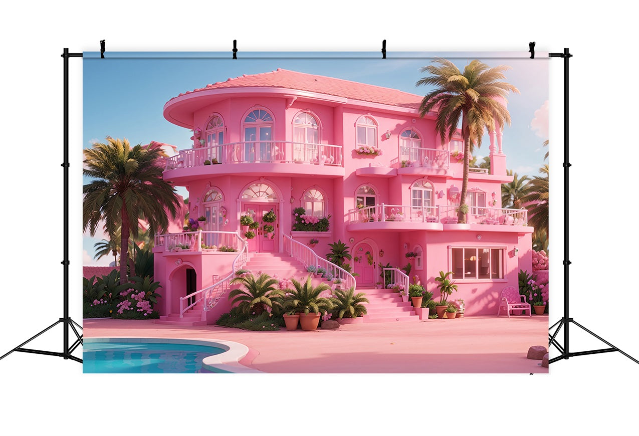 Toile de fond Fille Rose Maison Paradis Tropical Villa Rose CJJ2-84