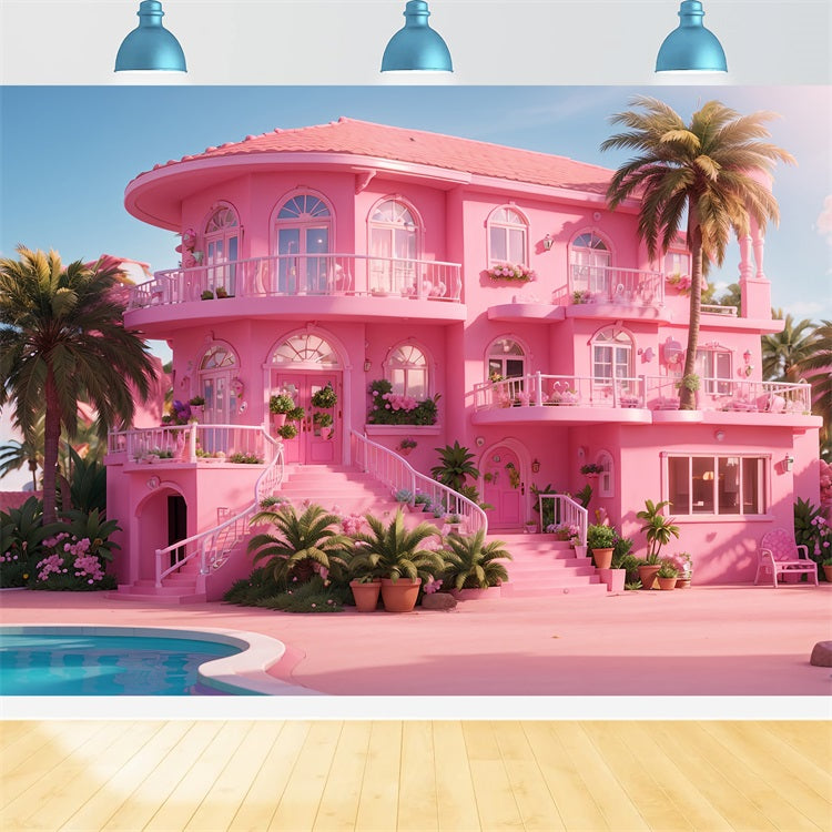 Toile de fond Fille Rose Maison Paradis Tropical Villa Rose CJJ2-84