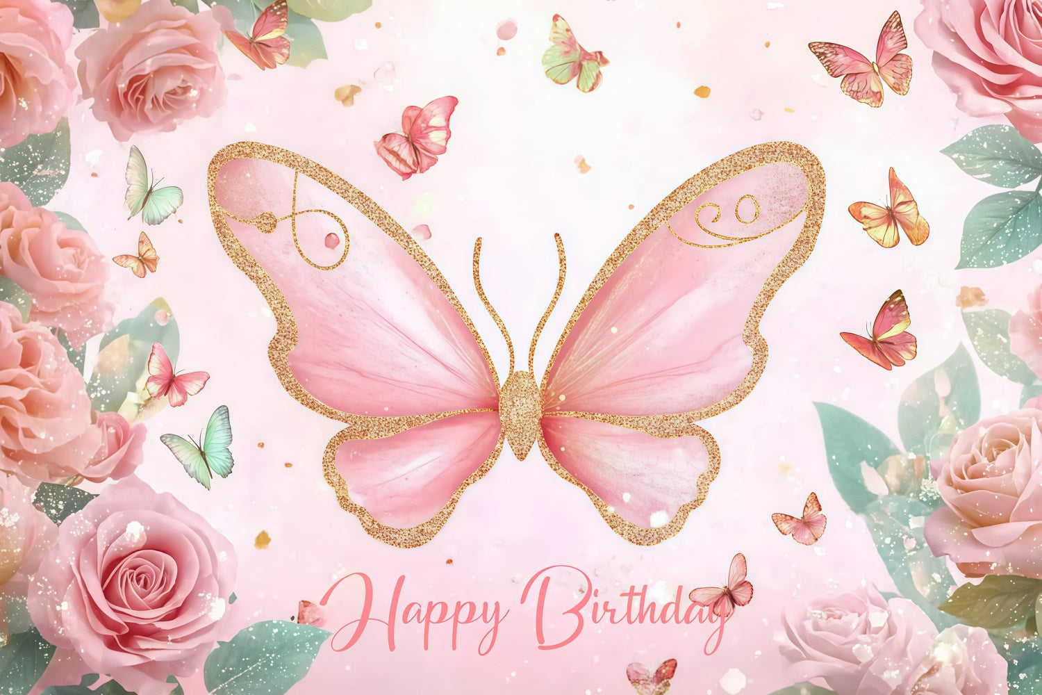Toile de fond Anniversaire Personnalisable Papillon Rose Floral CJJ3-203
