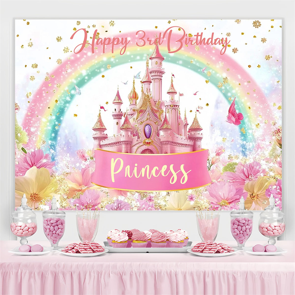 Toile de fond Anniversaire Personnalisé Château Arc-en-Ciel de Rêve CJJ3-204