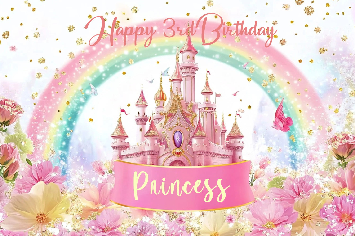 Toile de fond Anniversaire Personnalisé Château Arc-en-Ciel de Rêve CJJ3-204