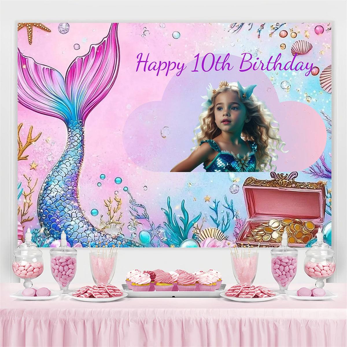 Toile de fond Anniversaire Personnalisé Sirène Magique Monde Sous-Marin 10ème CJJ3-205