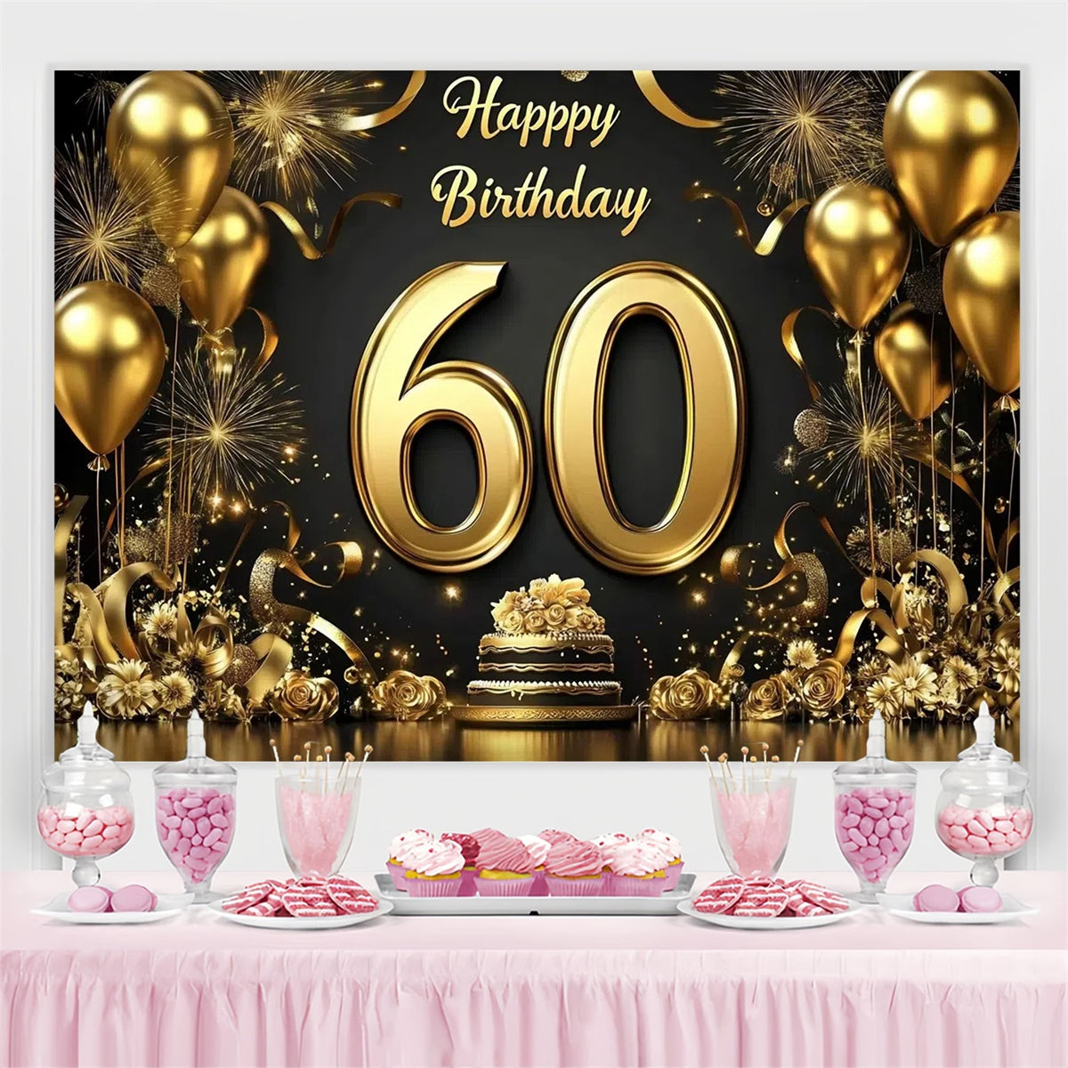 Toile de fond Photo Anniversaire Personnalisé Ballon Doré Étincelant 60ème CJJ3-208