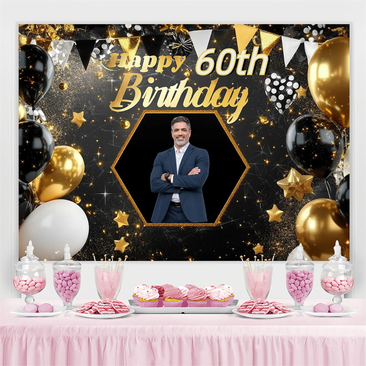 Toile de fond Anniversaire Personnalisable Bannière Or Étoiles 60ème CJJ3-218
