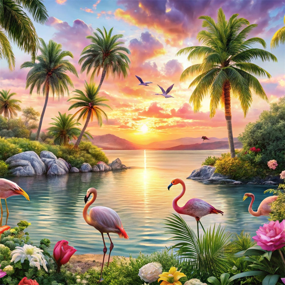 Toile de fond de Plage Été Tropicale Île Flamant Rose Rêve CJJ3-225