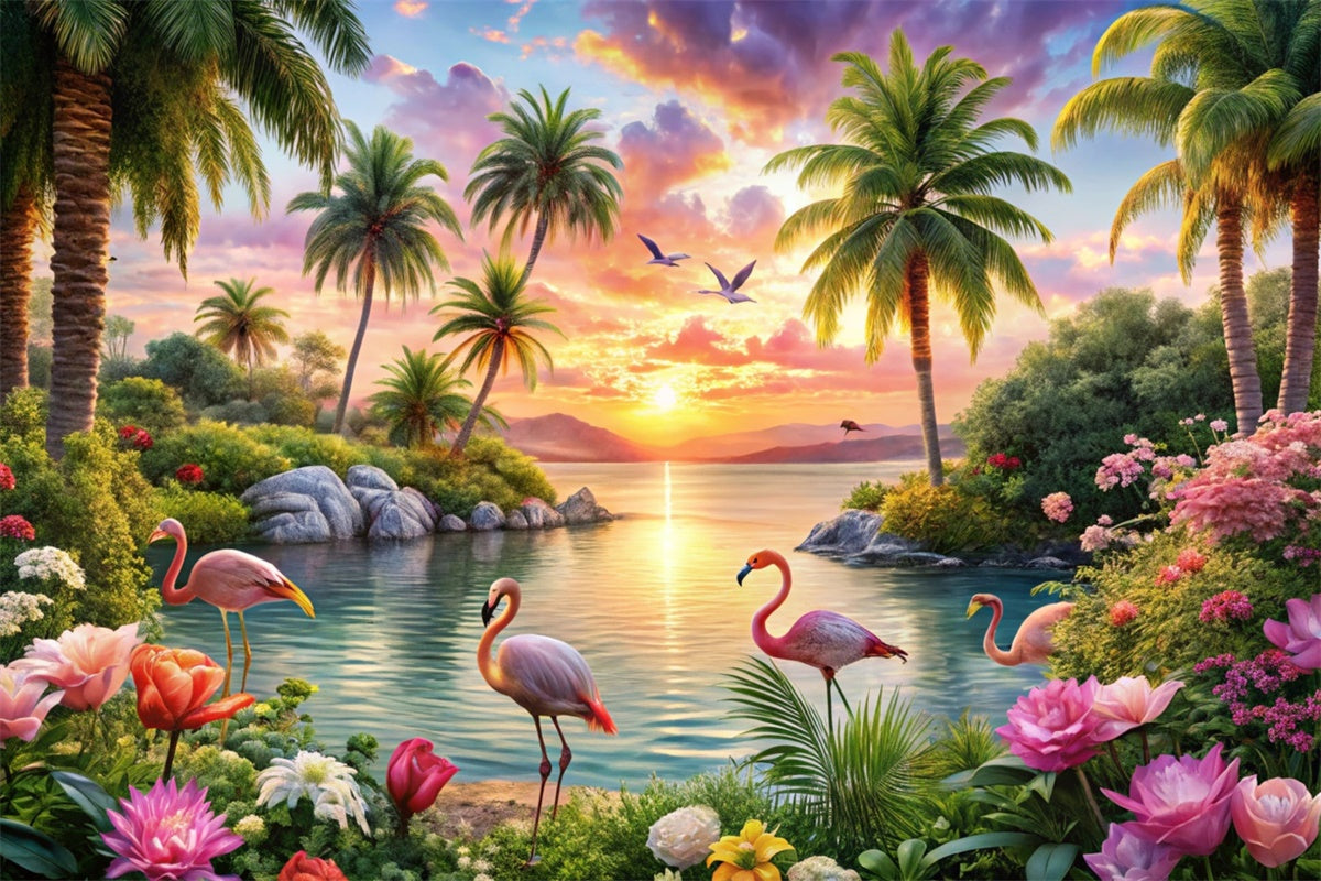 Toile de fond de Plage Été Tropicale Île Flamant Rose Rêve CJJ3-225