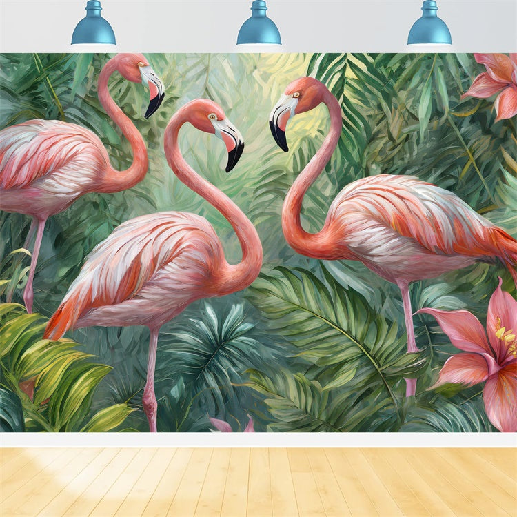 Toile de fond Été Tropicale Flamants Roses Forêt Fleurs CJJ3-234