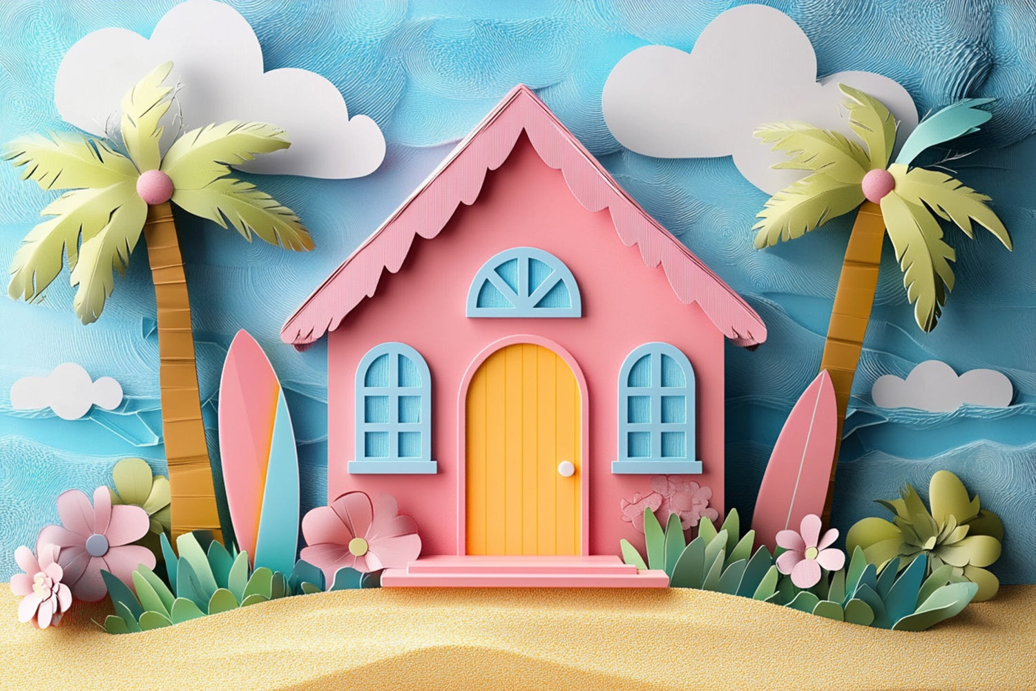 Toile de fond Été Maison de Plage Rose Dessin Animé CJJ3-241