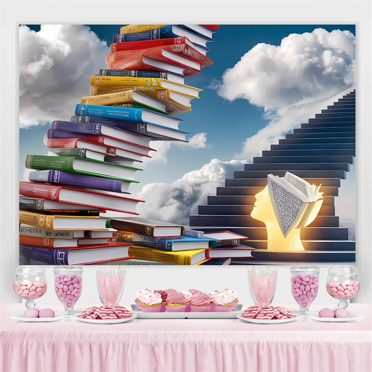 Toile de fond Journée Mondiale du Livre Escalier de Livres Colorés CJJ3-58