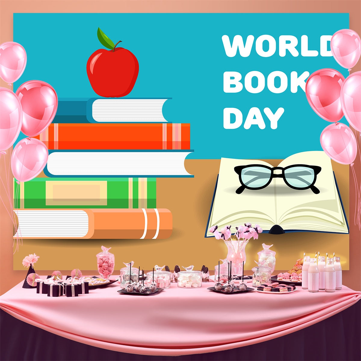Toile de fond Journée Mondiale du Livre Livres d'École et Pomme CJJ3-65