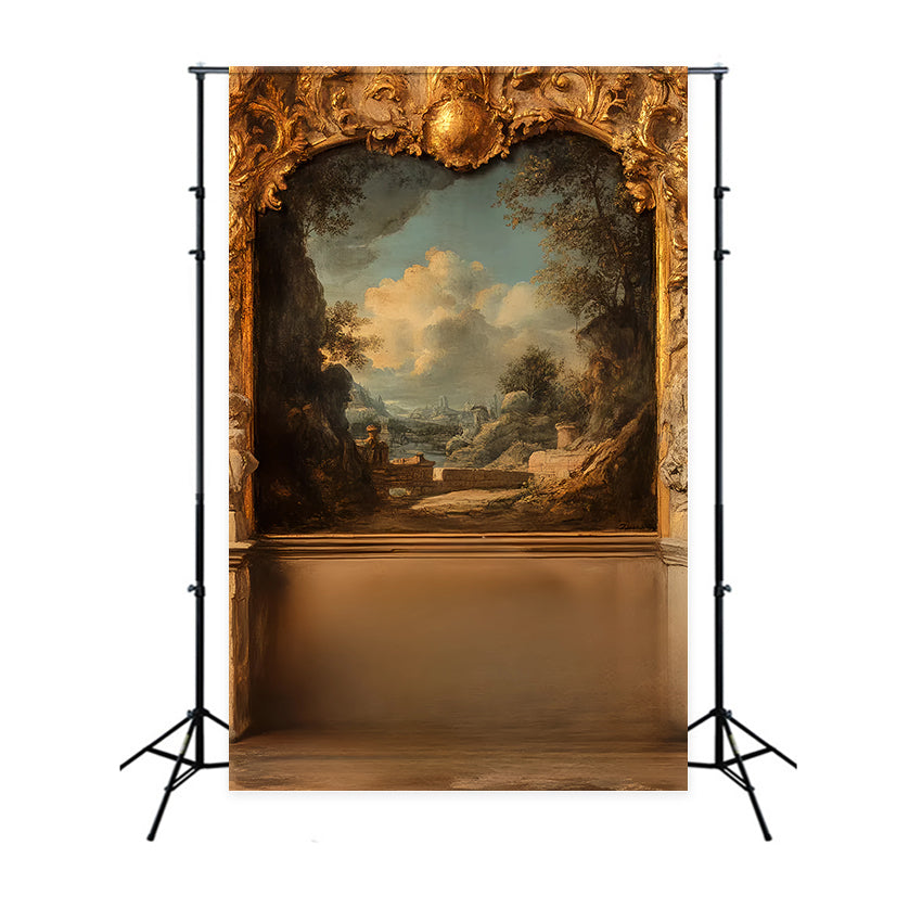 Toile de fond Mur Vintage Paysage Rustique Encadré Doré CSH2-250