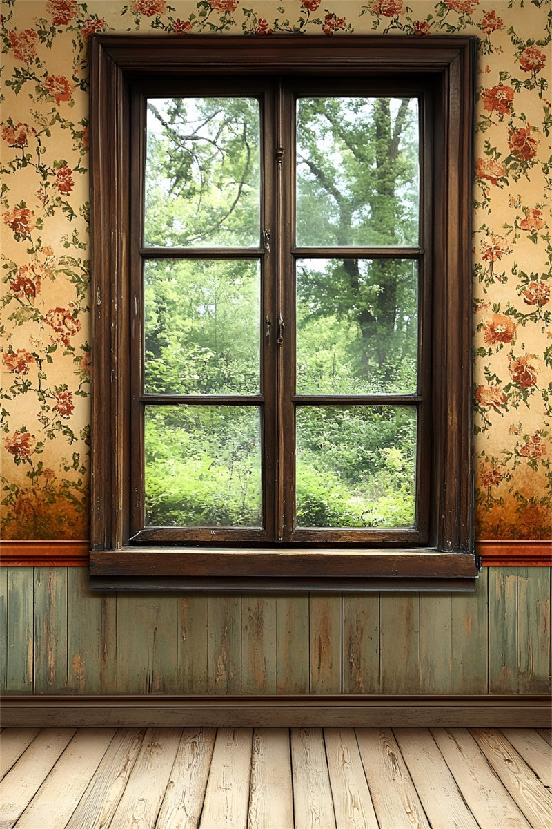 Toile de fond Mur Vintage Fenêtre en Bois Motif Floral CSH2-255
