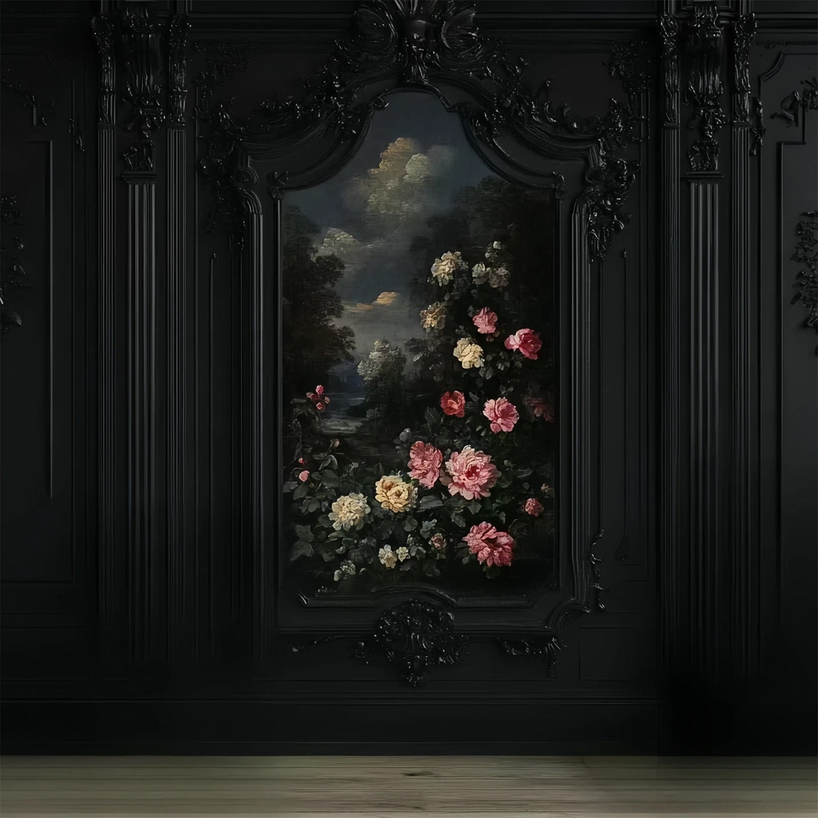 Toile de fond Mur Noir Floral Mur de Roses Noires CSH2-259