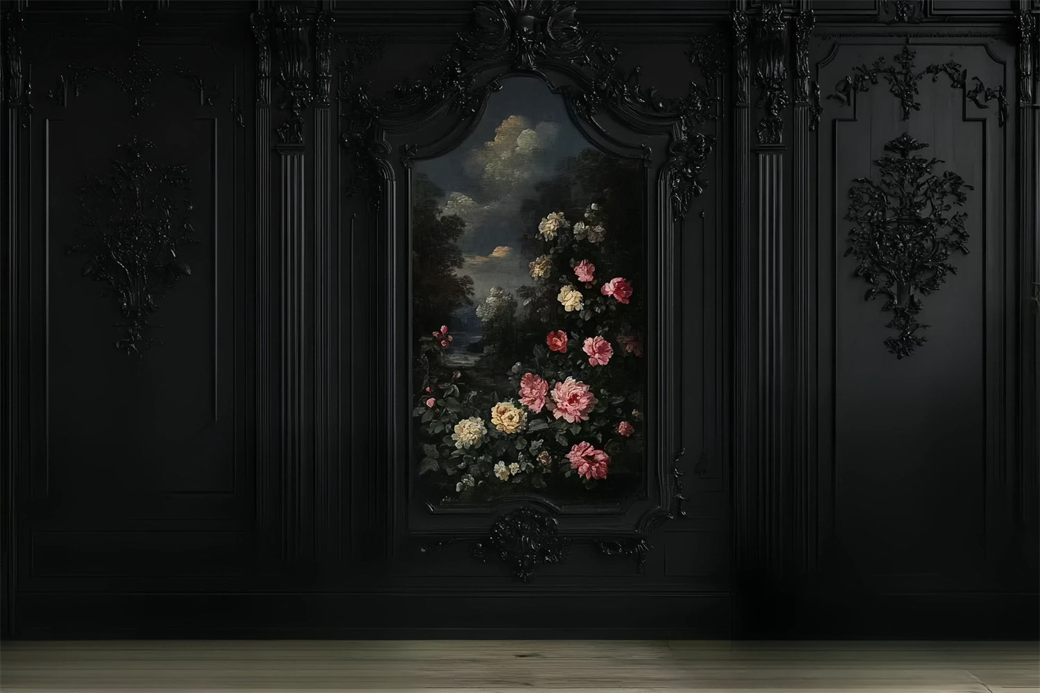 Toile de fond Mur Noir Floral Mur de Roses Noires CSH2-259