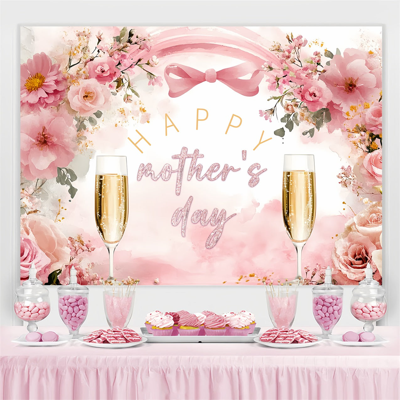 Toile de fond Fête des Mères Personnalisable Toast Champagne Floral CSH3-149