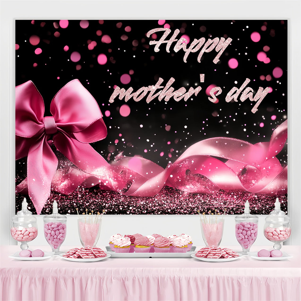 Toile de fond Fête des Mères Personnalisable Nœud Rose Scintillant CSH3-158